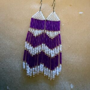 Handmade Purple and White Beaded Fringe Earrings